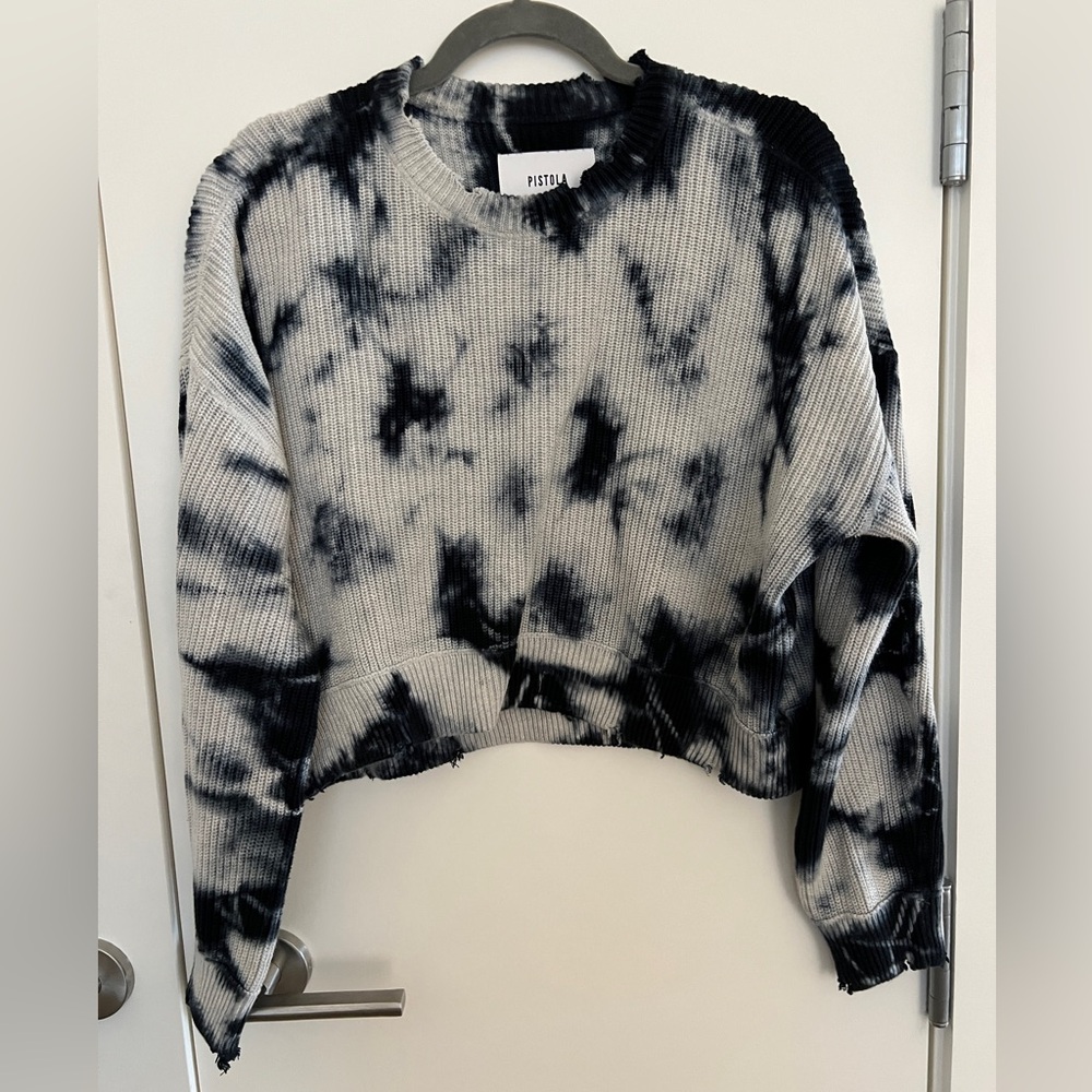 Pistola “Eva” tie dye cropped ribbed sweater in blue, sz SMALL